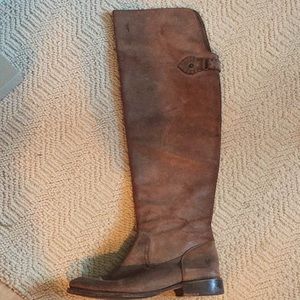 Over the knee, tan suede Frye boots